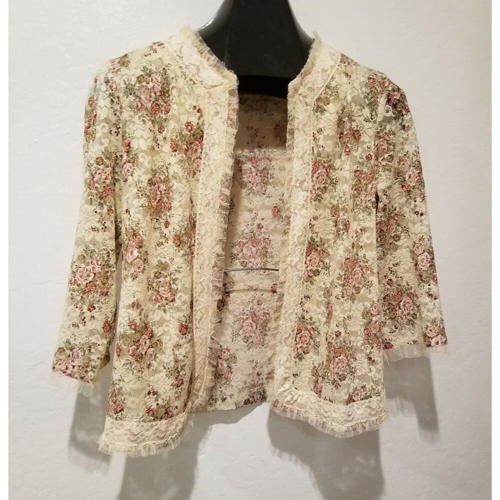 2-Pc Ogo Geral Paris Floral Lace Sleeveless Blouse & Open Front Blazer Set Sz 42